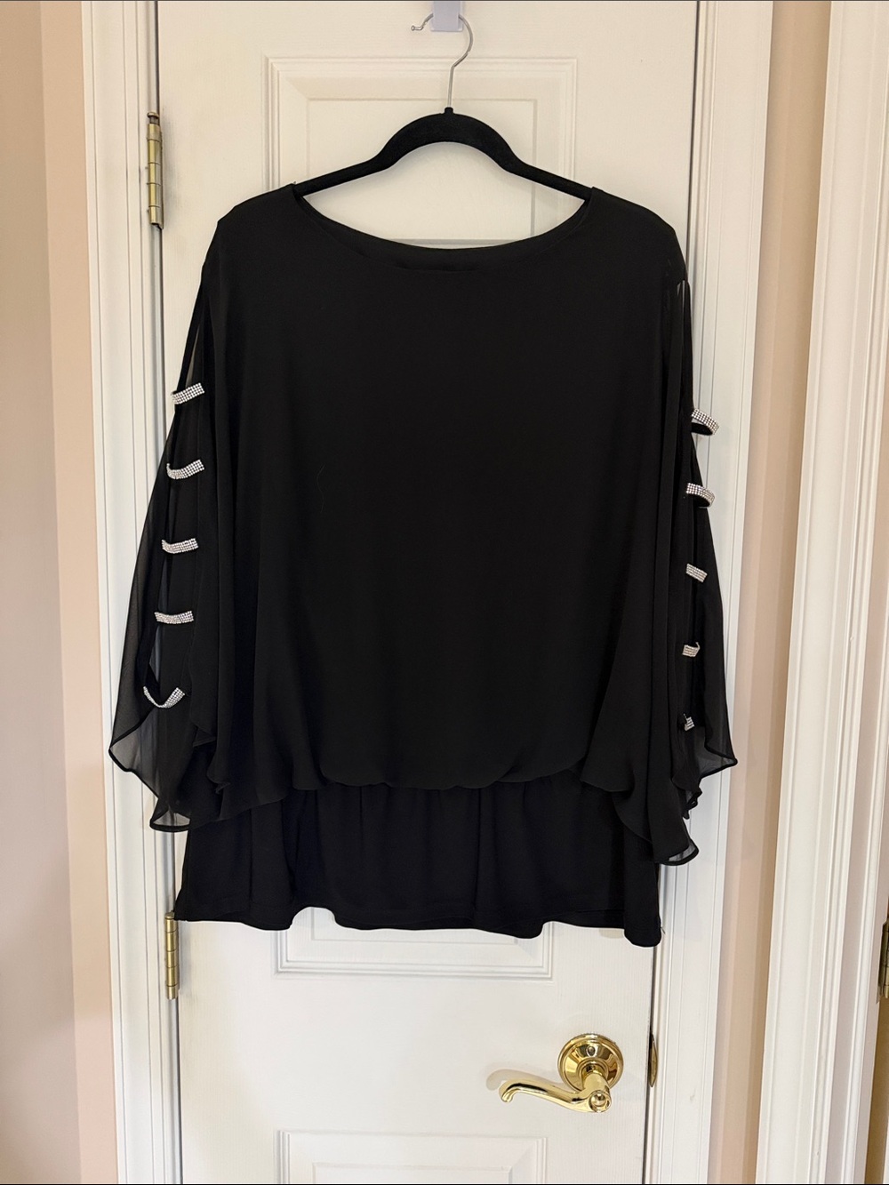 MSK Women’s Black Layered Chiffon Blouse with Embellished Sleeve Details, 2X